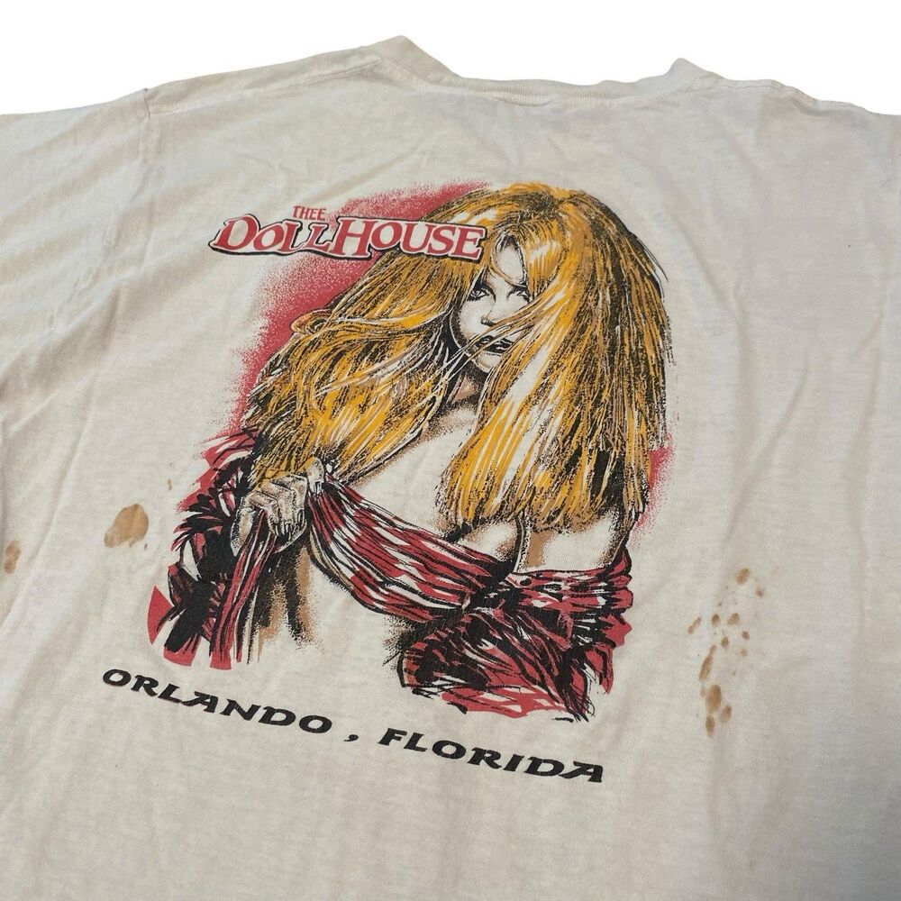 Vintage The Doll House Tee Shirt Gentleman’s Club Str!p Distressed Stained Y2K M